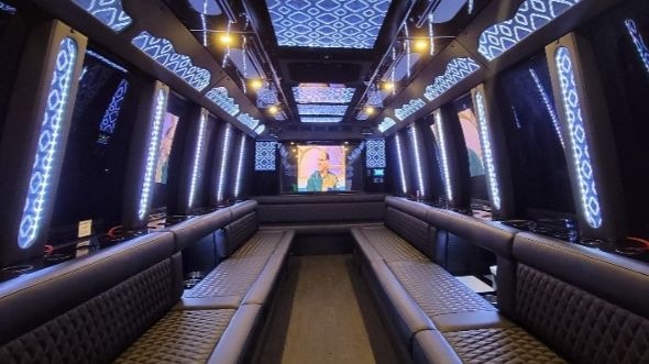 Interior of Charter Bus Company Lincoln's 28 Passenger Party Bus in Lincoln